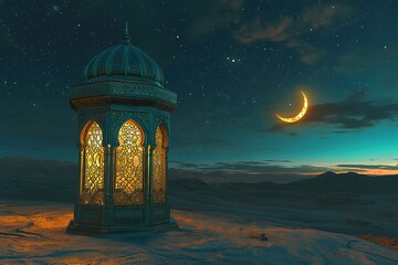 Ornate lantern glows against a night sky with a crescent moon over a desert landscape
