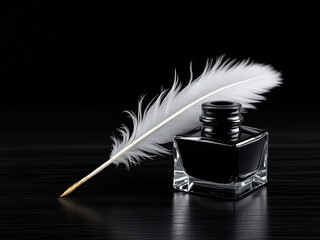 Quill pen with a glass bottle of ink Feather in a green vintage inkwell
