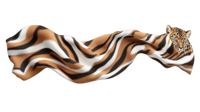 A tiger is wrapped in a scarf and is looking at the camera