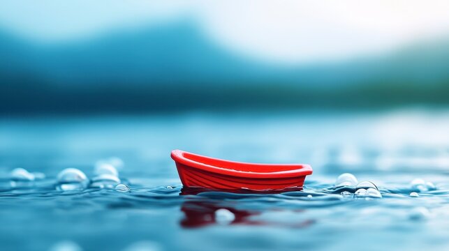 A small red boat gently floats on serene water, surrounded by bubbles and distant mountains