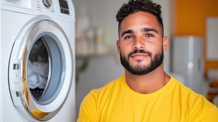 Young man happily doing laundry in a bright laundry room setting
