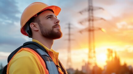 Electricity engineers at sunset, silhouetted against towering pylons