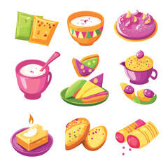 Fototapeta premium Colorful Holi-Themed Food Icons with Sweets and Drinks, Holi