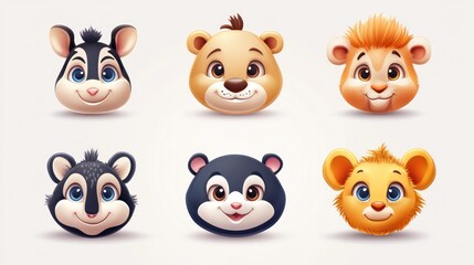 Cute cartoon animal faces, digital illustration, various animals' heads.