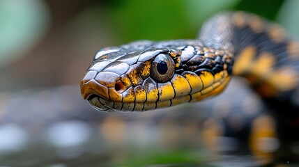 Obraz premium Majestic closeup of a king cobra coiled in lush greenery