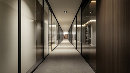 A narrow office corridor with soft carpeting, glass partitions, and an inviting ambiance
