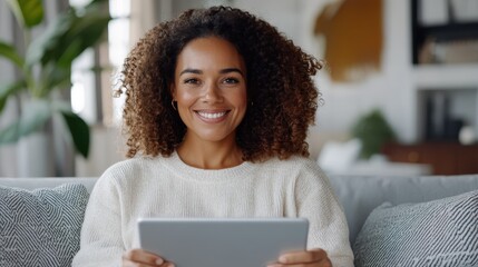 Cheerful young woman enjoying digital content on her cozy couch