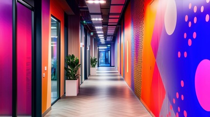 A creative office hallway with bold patterns on the walls, bright lighting, and an energetic vibe