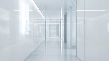 A minimalist office corridor with white walls, hidden lighting, and digital artwork displays