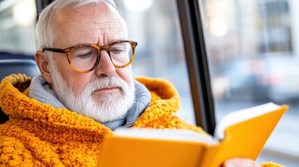 Elderly man immersed in a book while traveling on a city bus
