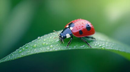 Fototapeta premium A vibrant ladybug perched on a dewy green leaf, showcasing nature's beauty in a serene environment