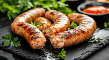 Savory pork chipolatas sizzling in a frying pan against a dark backdrop