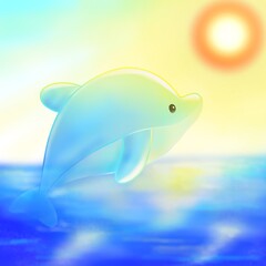 Cartoon dolphin under the sun, cute dolphin with background illustration, dolphin look at the sun © cute lemon