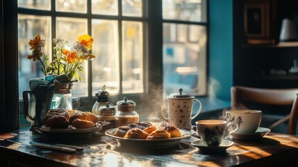 Morning light streaming onto a table with coffee and pastries, creating a vibrant and inviting breakfast scene.