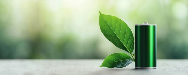 Eco friendly battery concept with green leaf on wooden surface and blurred background showcasing sustainable energy and renewable power source