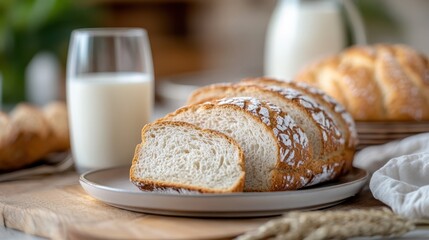 Breakfast delight with fresh white bread and milk