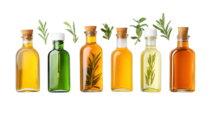 A row of five glass bottles with different colored liquids and herbs