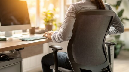 Chronic back pain depicted by a person adjusting their office chair's lumbar support while seated at a desk. Featuring ergonomic solutions