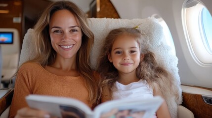 Mother and daughter enjoy quality time together on an airplane journey