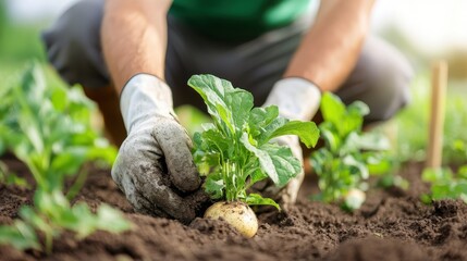 Growing organic potatoes in the sunlit field during planting season