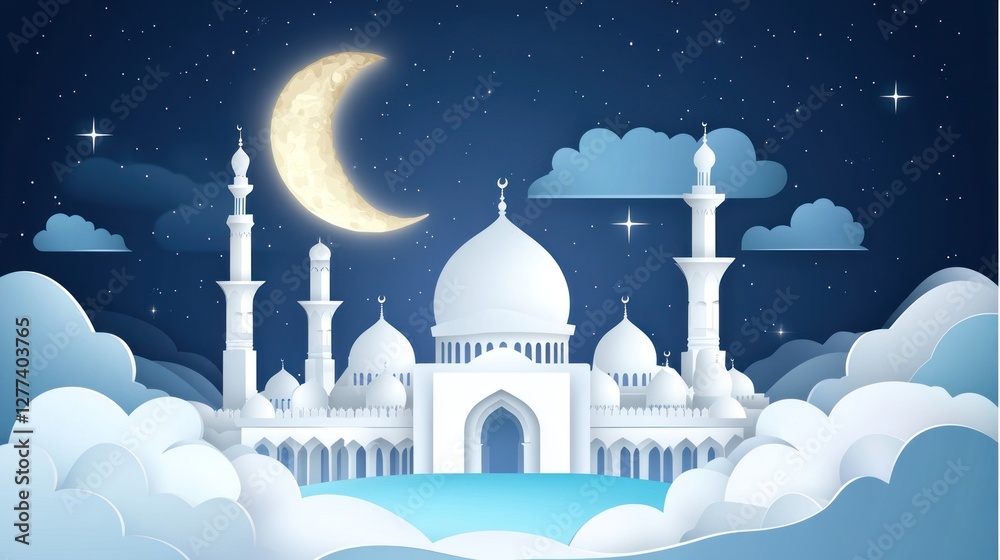 Poster a serene night scene featuring a mosque with a crescent moon and clouds.