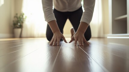 Chronic back pain depicted by a person kneeling on the floor, reaching for a dropped object with visible discomfort. Featuring limited mobility