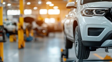 Vehicle raised at automotive service center for thorough maintenance check
