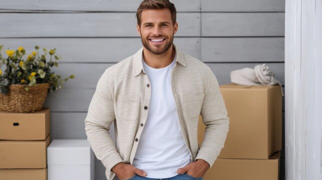 Happy man smiles wide, celebrating project completion against grey