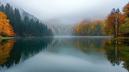 Fototapeta premium Misty Autumn Lake Reflection in the Mountains