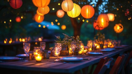 Rustic table glowing under vibrant lanterns, evoking a cozy and festive atmosphere perfect for celebrations.