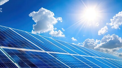 Solar panels under a bright blue sky with fluffy white clouds showcasing renewable energy innovation and environmental consciousness for a sustainable future