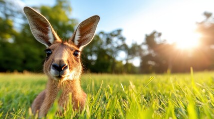 Kangaroo resting in the vibrant meadow under the warm sun