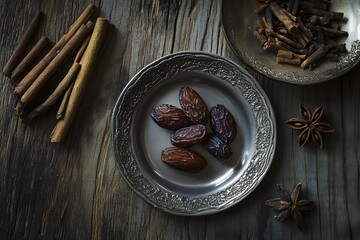 Aromatic Spices and Sweet Medjool Dates on Antique Silver Plate, Rustic Wooden Background,  Culinary Delights of the Middle East