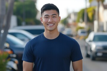 Portrait of a smiling Asian man in a dark blue shirt standing on a city street