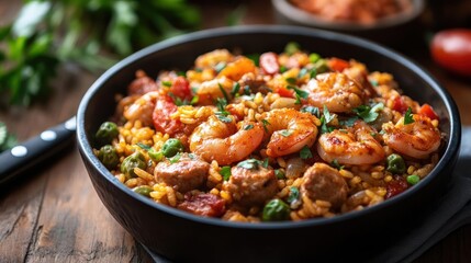 Fototapeta premium Bowl of paella with shrimp and sausage