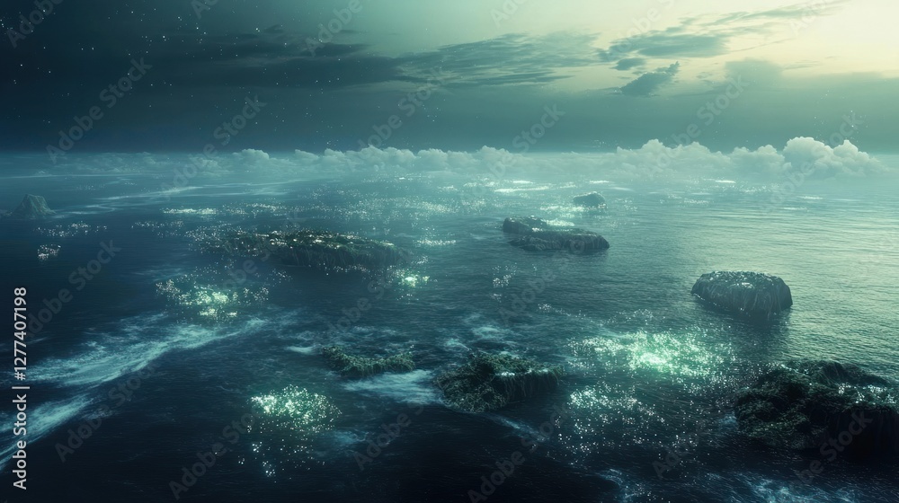 Poster A serene ocean view with glowing elements and distant islands under a twilight sky.