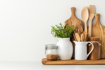 Rustic kitchen still life featuring wooden utensils cutting boards and fresh herbs in a bright and airy setting showcasing culinary tools and natural elements