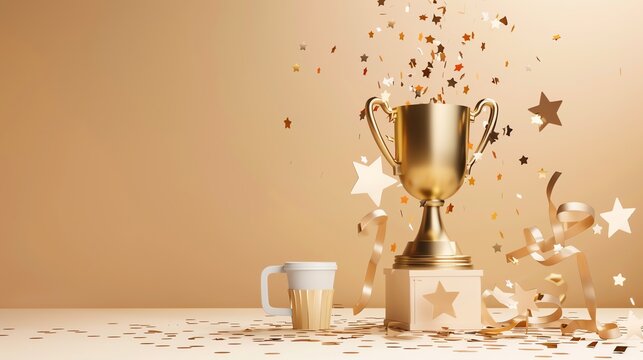 blank celebratory card with a large golden trophy on the right, surrounded by stars and confetti on golden background