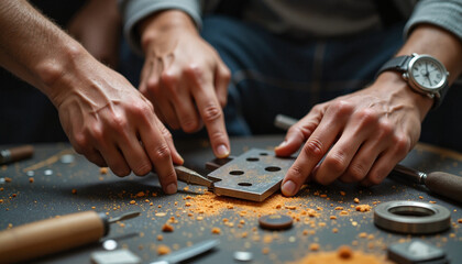 Hands working on metal piece with tools on workshop table