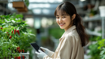 Korean agricultural scientist woman holding tablet working in chile plant modern greenhouse