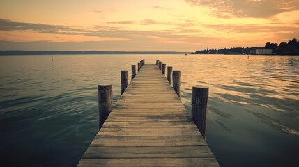 Fototapeta premium Tranquil Sunset Pier: Serene Lake View at Golden Hour