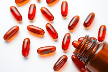 Vitamin capsules in a bottle, soft gels, Fish oil capsules, omega 3, omega 9, vitamin D, vitamin E