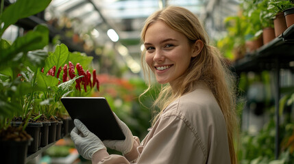 German agricultural scientist woman holding tablet working in chile plant modern greenhouse