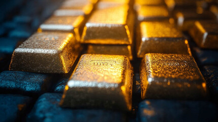 Stacked gold bars against a brick wall symbolize wealth security stability and financial success Modern 3D render with bright tones and blurred background conveys prosperity resilience and investment 