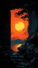 Obraz premium Serene Lakeside Sunset Framed by an Ancient Stone Archway with Overhanging Pine Tree Against a Vibrant Orange Sky