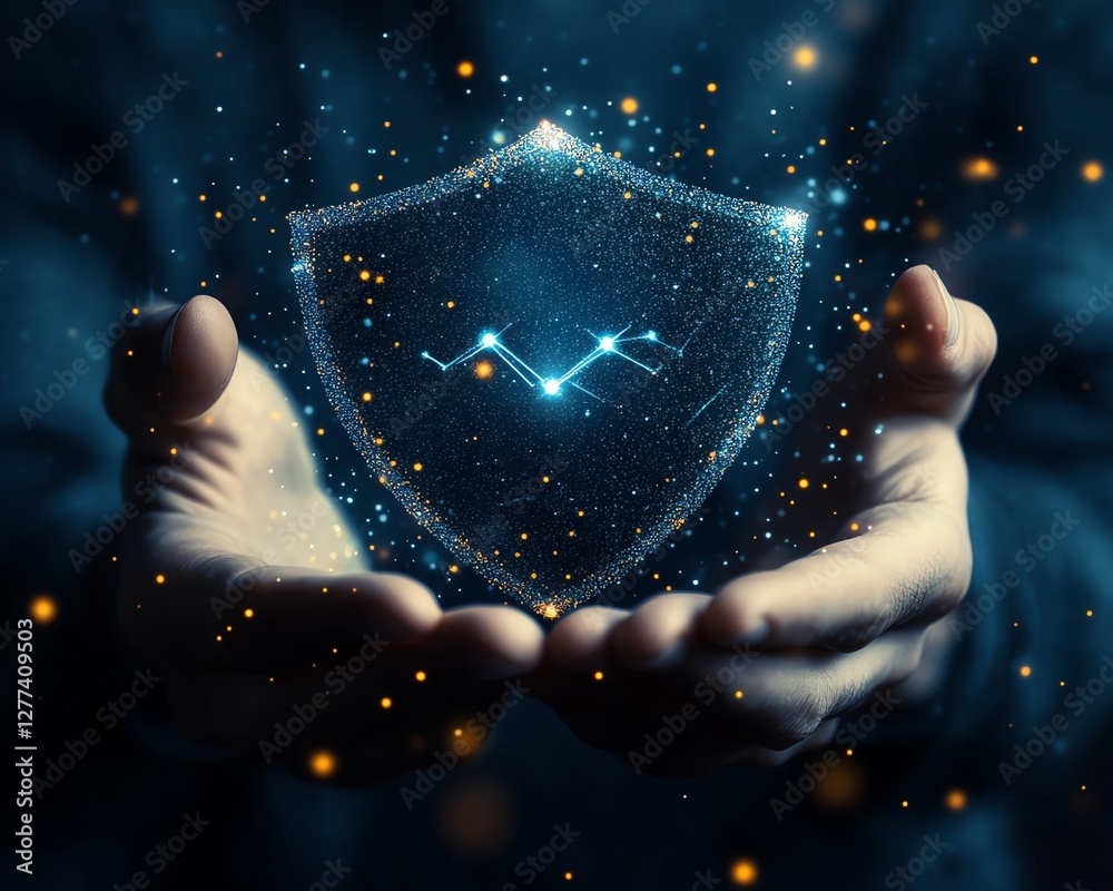 Poster Professional holding shield icon, securing personal information, network security concept with data encryption and secure connections