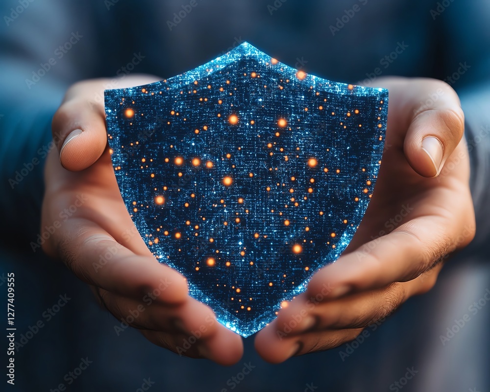 Poster Professional holding shield icon, securing personal information, network security concept with data encryption and secure connections