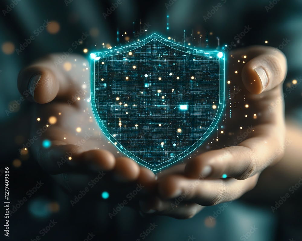 Poster professional holding shield icon, securing personal information, network security concept with data 