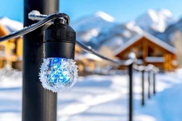 Obraz premium Frosty Blue Lightbulb Glows in Winter Wonderland Mountain Scene with Chalet Backdrop and Snowy Landscape