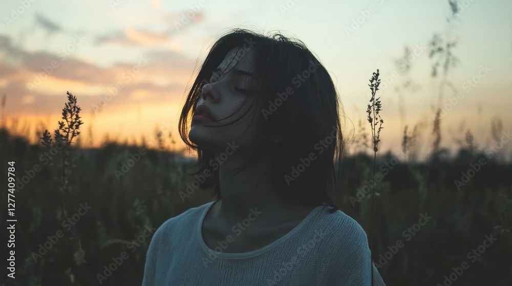 Poster a serene portrait of a woman in a field at sunset, capturing tranquility and introspection.